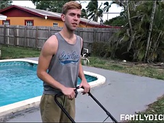 Blonde twink stepson and bear stepdad fuck in the backyard