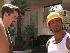 Several construction dudes fuck the annoying bitch sitting by the pool
