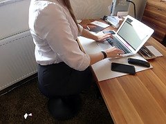 Hardcore wifey in business glance stocking during office work jizz into panties