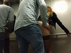 Stepsister did not reject a member in the elevator, porn in a public place!