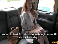 Ella Hughes, the classy British redhead, gets naughty in the backseat of a fake taxi