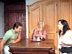Watch these hot mature blondes ride their young boyfriend on the kitchen table - JOE, Brittany Bardot & Bella Angel