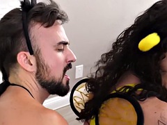 Bisexual babe gets pussy drilled in threesome cosplay after rimming