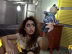 Petite Voodoo chick with huge tits squirts while getting pounded hard in fake hostel