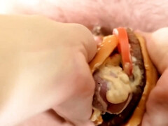 Pregnant Wife Jerks Off Her Husbands Big Dick Using A Burger