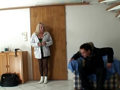 デカパイ, ブロンド, フェラチオ, 巨乳な, 毛深い, 熟年, オマンコ, ストッキング