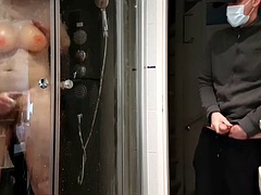 Straight roommate caught jerking off to stud masturbating in shower with fake tits great cumshots