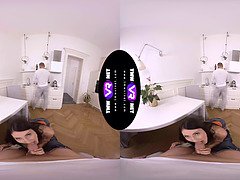 Virtual reality group sex with a hot brunette teen & her chubby friend