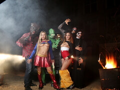 Halloween fuck scene showing two perfect babes