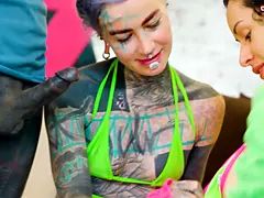 Big Tits girl joins tattoo couple for three-way - butt licking, fellatio, facial cumshot