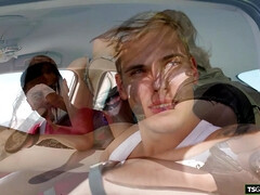 Guy sucking shemale cock during carwash