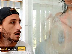 Violet Myers caught peeping on her girlfriend's shower & hungry for a taste of a big cock