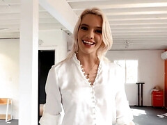 Leggy blonde with fake tits is going to take fat dick