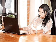 Cutie brunette Kim Beltran shows off her massive naked boobs