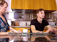 Blondine, Blasen, Paar, Hd, Küche, Reif, Russisch, Titten