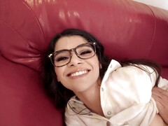 Cute teen wearing glasses and cucking a dude in POV