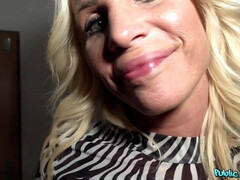 Glamorous blonde mature in black stockings screwed in public