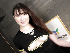 Pretty Asian babe with nice boobs blows while crouching