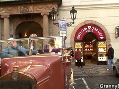 Old grandma in stockings riding his big cock