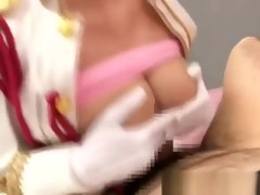 Busty cosplay babe gives him a hot tit-job