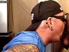 Tattooed gloryhole DILF sucks cock for cum in mouth at home