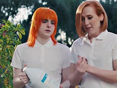 アナル, デカパイ, フェラチオ, ピアス, 赤毛, シーメール, 三人, オッパイの