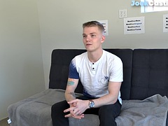 Sleek college jock strips and masturbates at casting