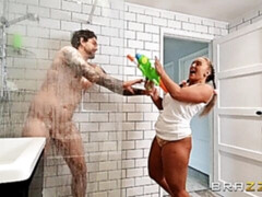 浴室, ブロンド, フェラチオ, 捕まる, バック, キス, ティーン, オッパイの