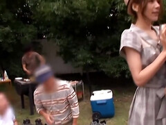 Enthousiasteling, Aziatisch, Grote lul, Japaans, Natuurlijk, Buiten, Kousen, Trio