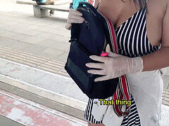 Stranger controls my hitachi till I burst on the bus+then steals my thong