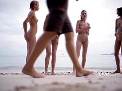 Kont, Strand, Kwartet, Naakt, Buiten, Kut duiken, Tiener, Tieten likken