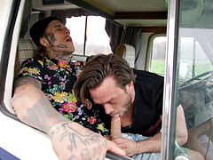 Blindfolded inked hunk gets pounded hard in car before getting drilled in doggystyle