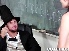 Brunette teen with tattoos takes on history teacher in hardcore reality roleplay