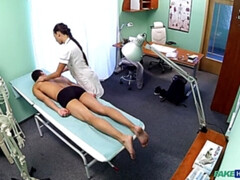 Hot nurse massages patient before sucking and fucking him