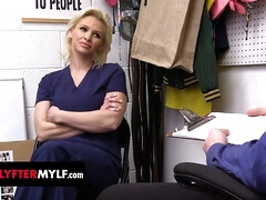 Hot blonde nurse with wavy hair gets caught stealing medical goods & gets punished with a hard fuck