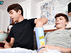 Skinny twink rimmed and barebacked by boyfriend on couch at home