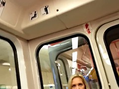 Blonde Girl in train with black pantyhose