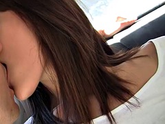 Skinny and horny brunette is going to fuck with a risky van