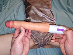 Pushing a throbbing dildo into stepsisters tight pussy
