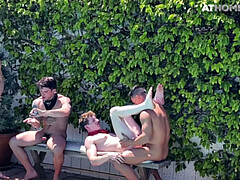 Home studs enjoy outdoor pool orgy with jock