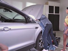 gina valentina and her step-sister lily jordan sucking off danny in the garage