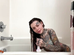 Tattooed Milf With Big Tits & Split Tongue Masturbating In Shower Until She Squirts