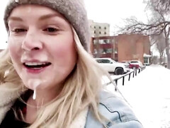 ブロンド, フェラチオ, 車, チン, 顔射, 手コキする, Hd