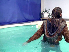 wetlook pool with boots and jacket
