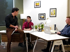 Tattooed lad is having a threesome in the office space