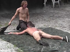 Outdoor oral bang with a bound and helpless slave