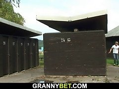 Stranger fucks busty blonde granny in the public change room