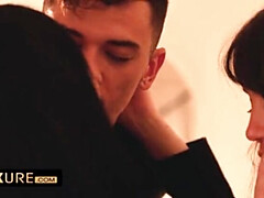 美人, 黒人, 茶髪の, 女 人男 人, 下着, ストッキング, 三人, オッパイの