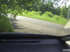 素人, ビッチ, 茶髪の, 車, 下着, 公共