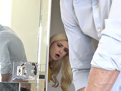 Sexy blonde teen Jane Wilde walks in on her stepdad jerking off